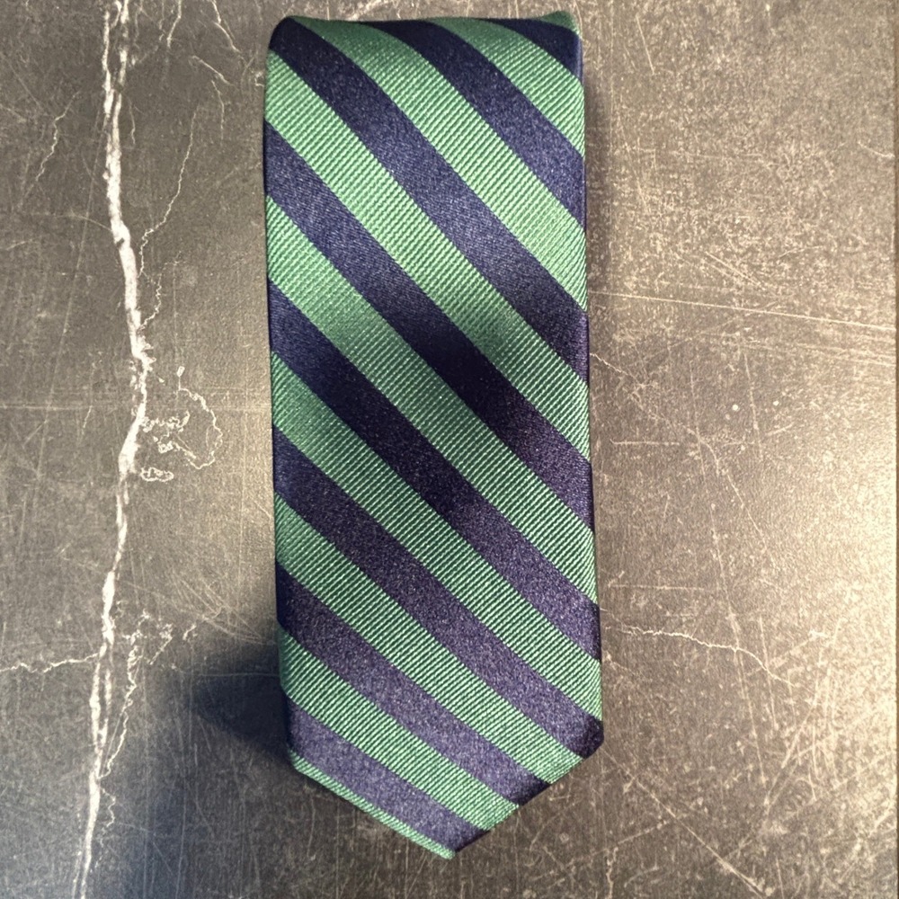 Mens Tie | The Tie Bar | Navy Blue Green Striped Silk Stain Resistant 2.5 Inch